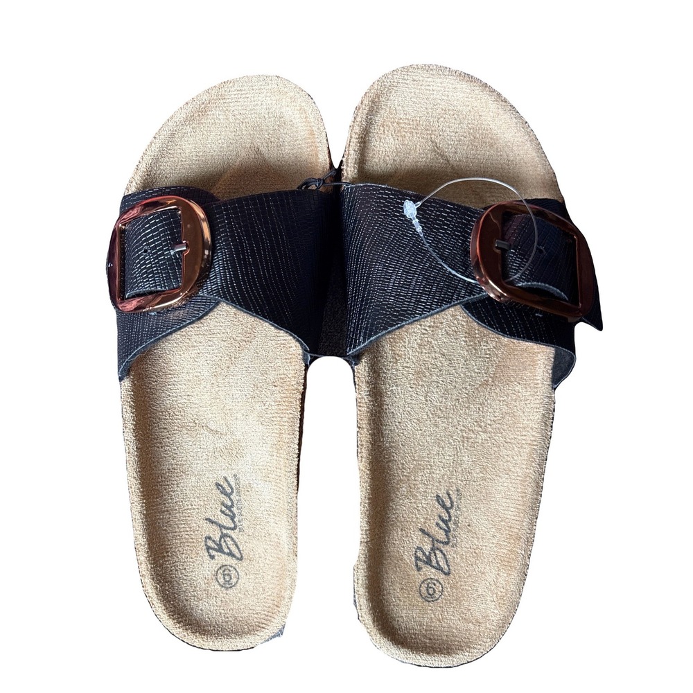*NWOT*Blue Suede Shoes Women's Black Slide Sandals Large Buckle Cork Footbed